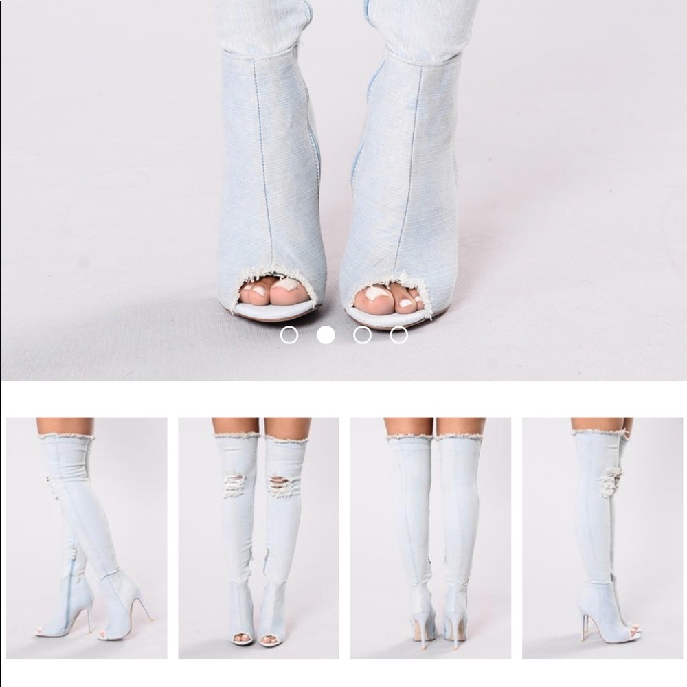 Thigh high denim frayed open-toed boots